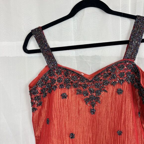 red shimmery beaded summer shift mini dress vacation wedding sz Md boho fairy - Picture 2 of 10
